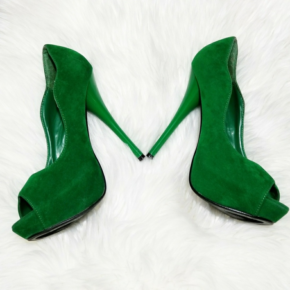 Bright green open toe platform pumps